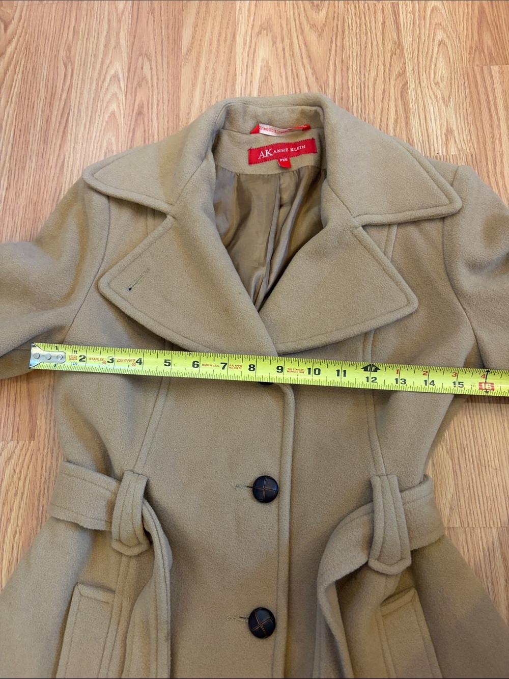 Anne Klein Camel-Tan Belted Wool-Blend Trench Coat - Picture 3 of 16
